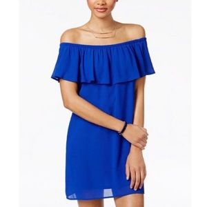 Blue Off-The-Shoulder Ruffle Dress w/ Pockets